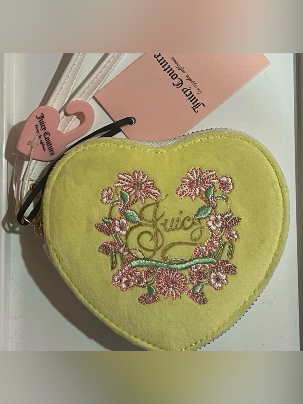 Juicy Couture Yellow Heart Cosmetic Pouch with Pink Floral Embroidery